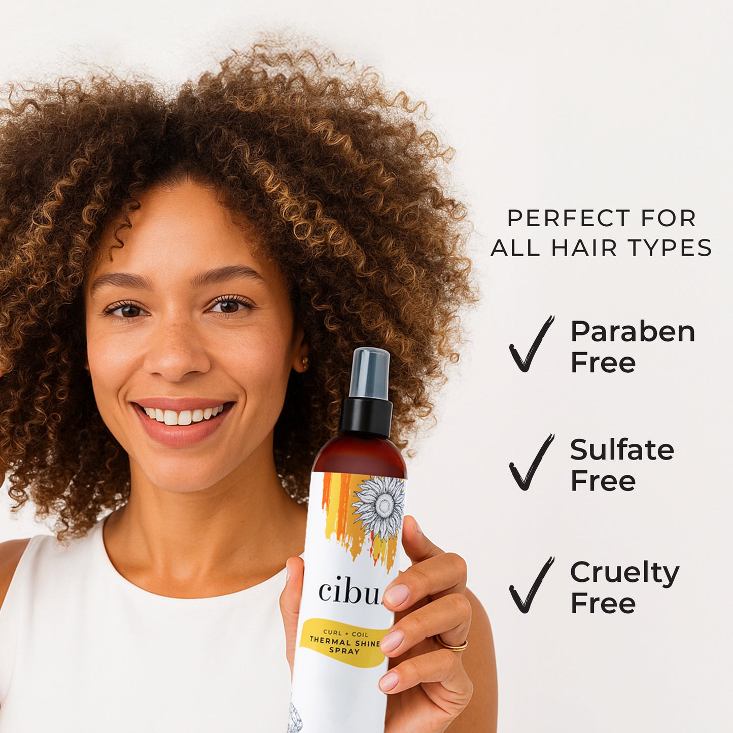 Woman holding a bottle of Cibu hair care product with text highlighting product features.