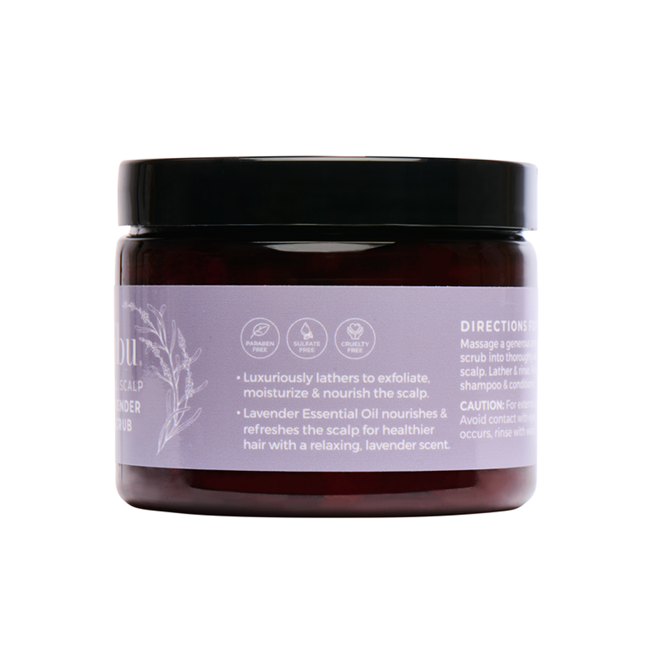 Jar of scalp and hair product with a purple label on a white background