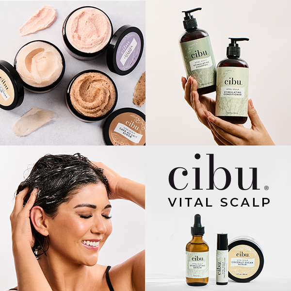 Cibu hair care products including hair masks, shampoo bottles, and a woman washing her hair.