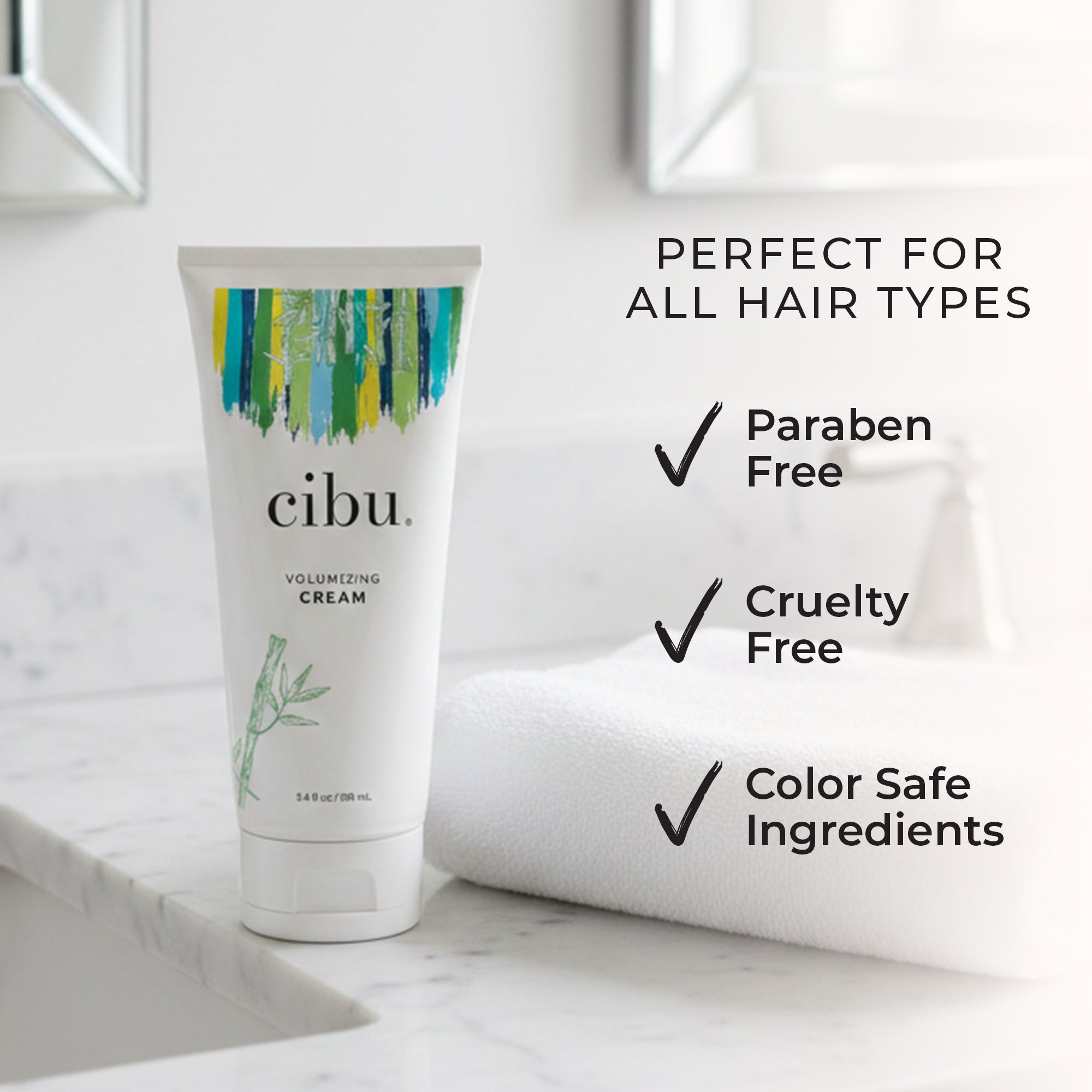 Cibu volumizing cream tube on a marble surface with product features listed.