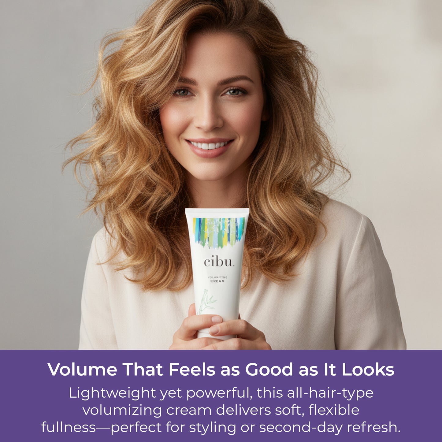 Woman holding a tube of cibu hair product with text about volumizing cream.