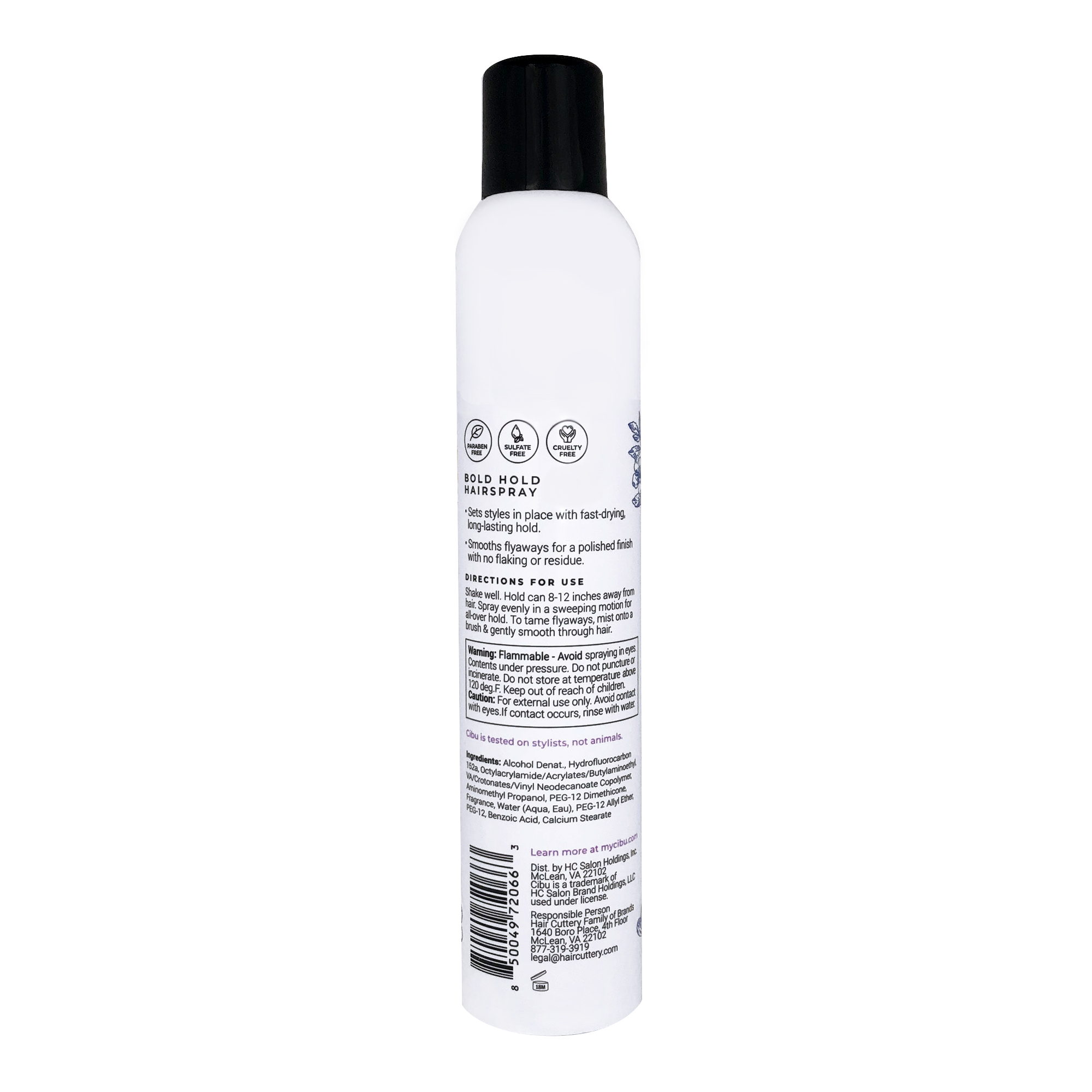 White hair spray bottle with black cap on a white background