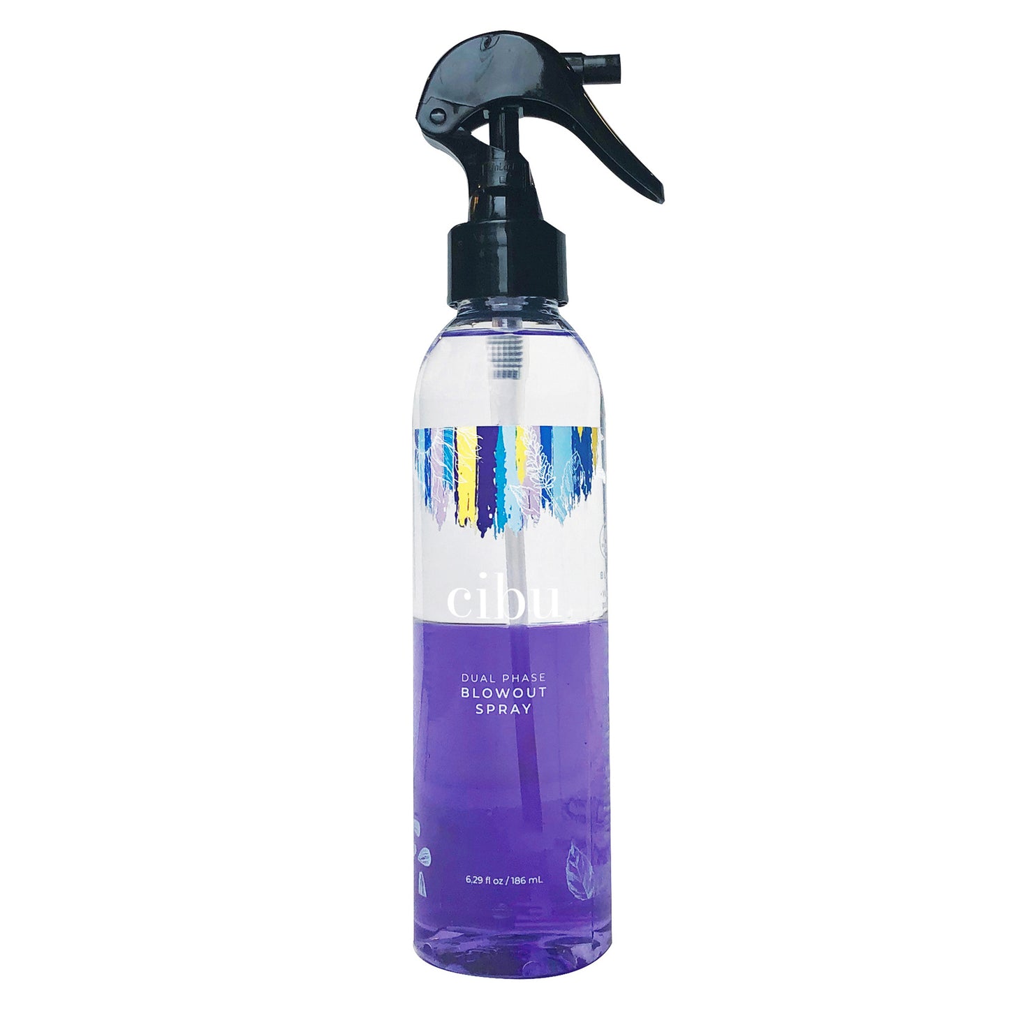 Clear spray bottle with purple label on a white background