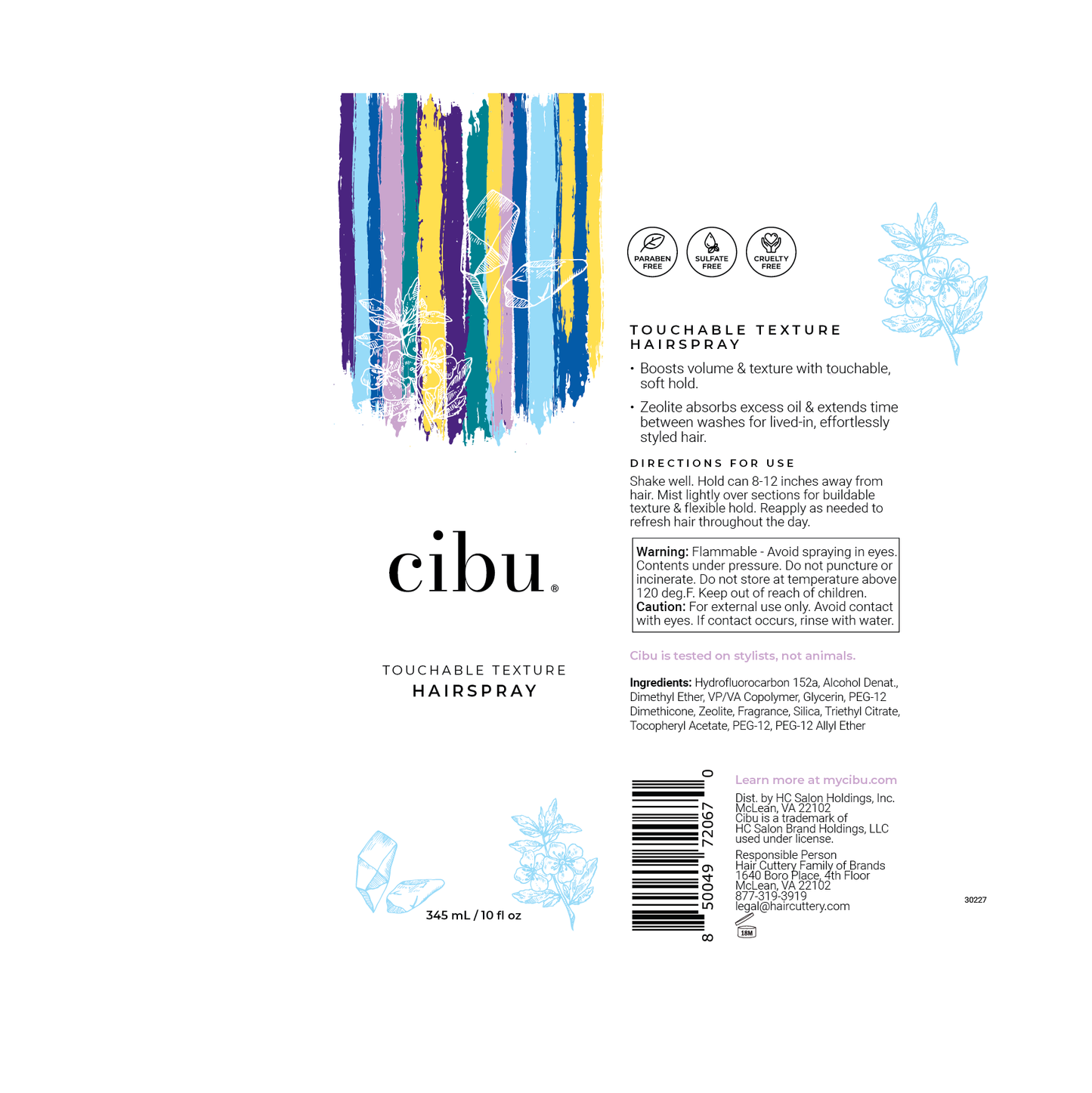 Back label of cibu hair spray with colorful design elements and text.