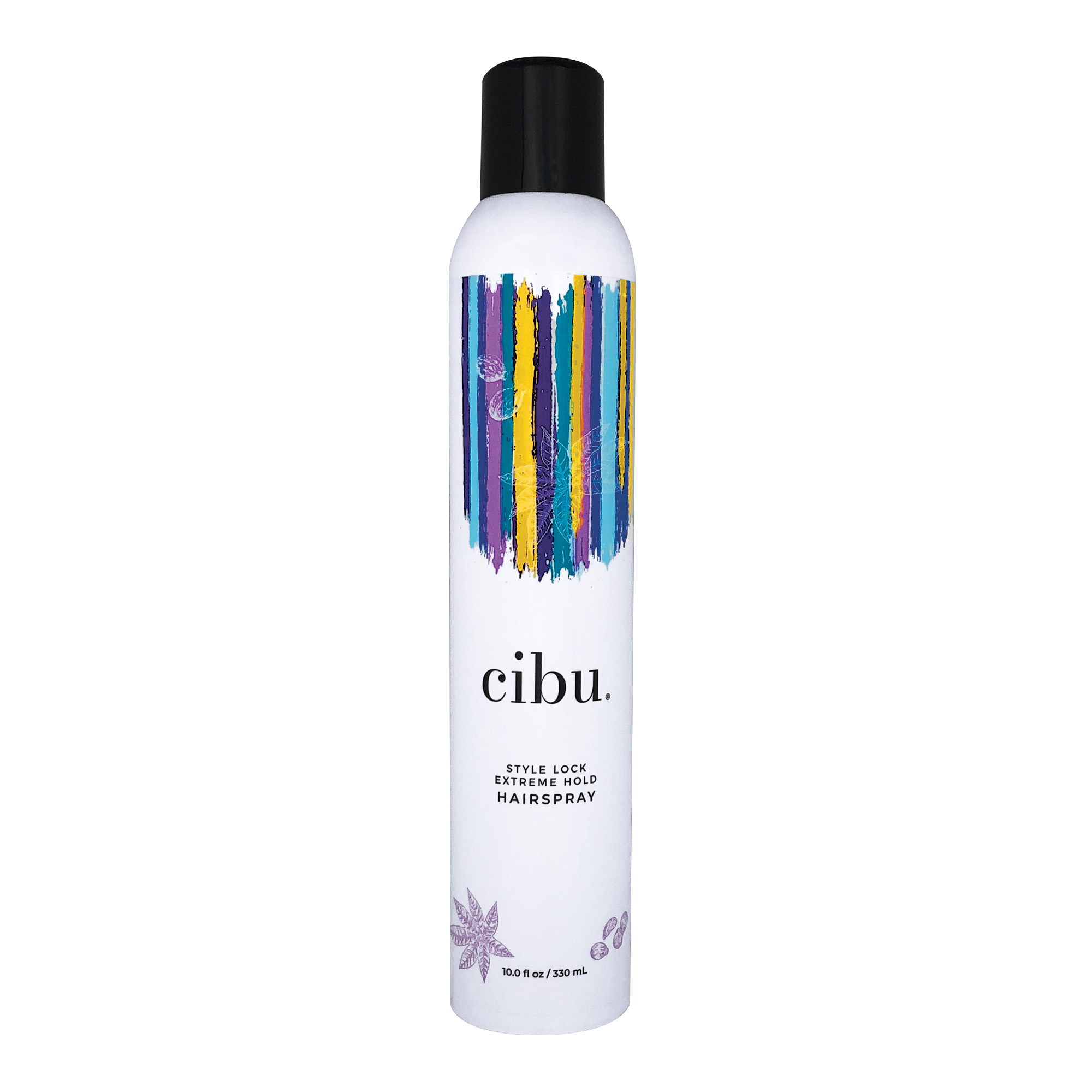 Cibu hairspray bottle with colorful label on a white background