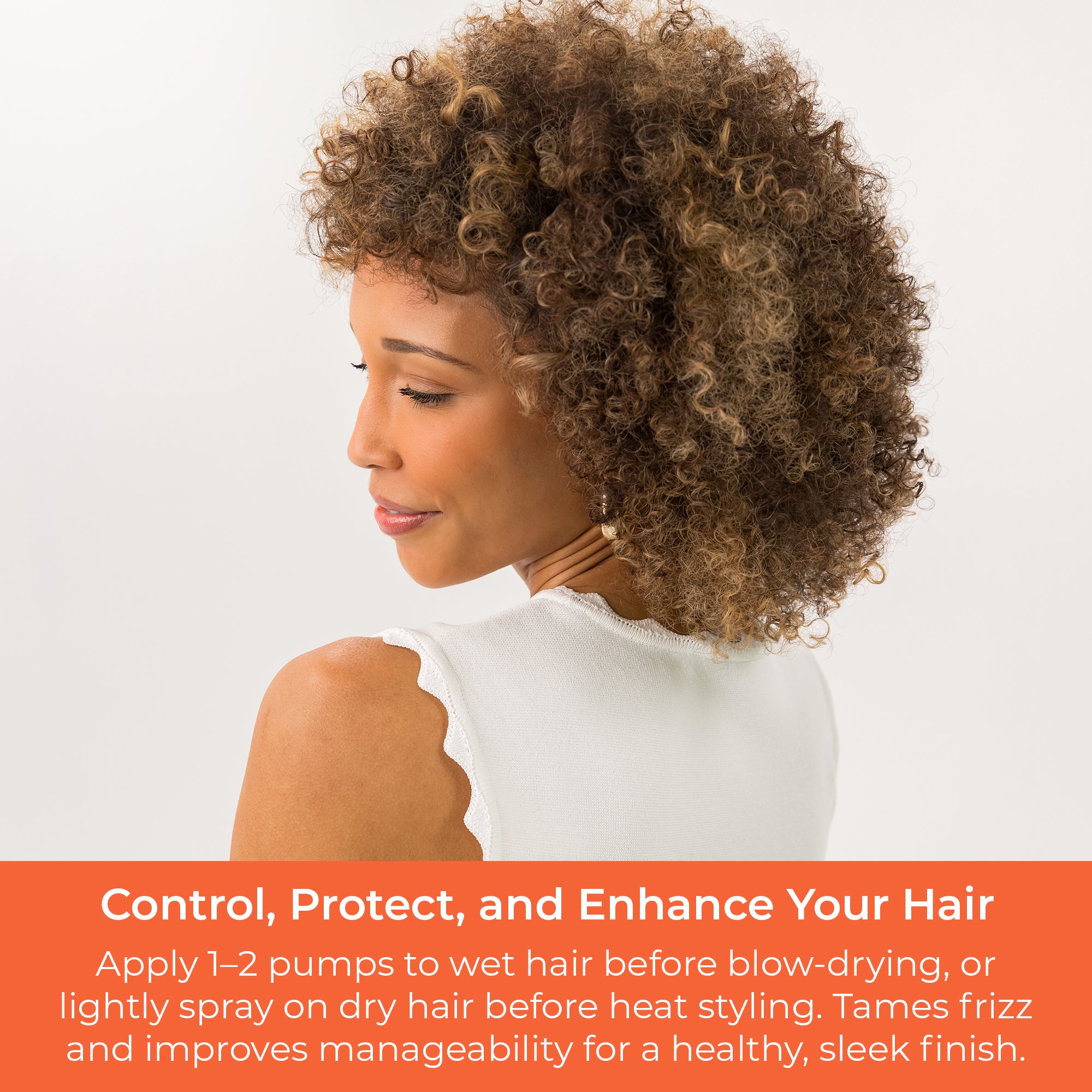 Apply 1-2 pumps to wet hair before blow drying or lightly spray on dry hair before heat styling.  Tams frizz and improves manageability for a healthy, sleek finish.