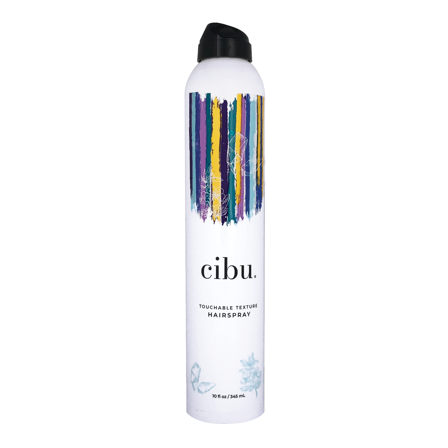 Cibu hairspray bottle with colorful label on a white background