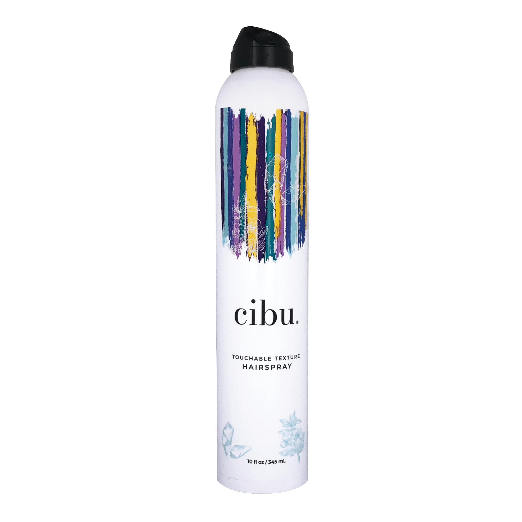 Cibu hairspray bottle with colorful label on a white background