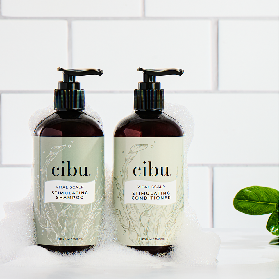 Two bottles of cibu shampoo and conditioner on a white background with a plant.