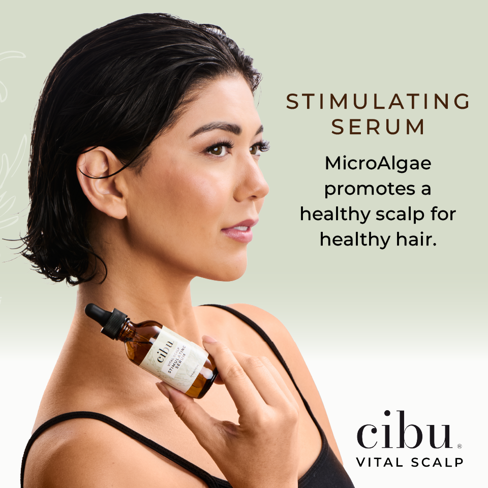 Woman holding a bottle of cibu stimulating serum with text about microalgae promoting a healthy scalp.